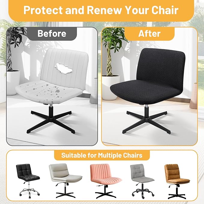 Armless Desk Chair Cover，2pcs Stretch Armless Criss Cross Legged Office Vanity Chair Covers Slipcovers, Mid Back Swivel Slipper Chairs Covers for Living Room Bedroom（Only Covers, No Chairs）
