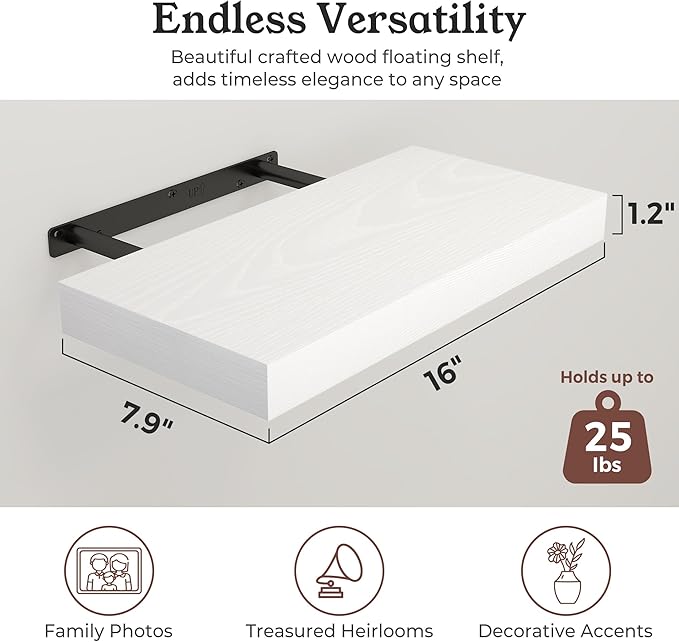 White Floating Shelves for Wall, 7.9" Deep Wall Mounted Wood Shelves for Bathroom, Bedroom, Living Room, Kitchen, Hanging Shelf for Books/Storage/Room Decor (White, 16")