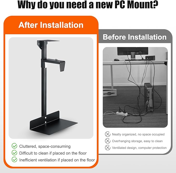 Heavy Duty Under Desk PC Mount, 66 lbs Load Capacity, Adjustable CPU Holder 100-480mm Height, Full Steel Construction, Fits Most Computer Towers, Space Saving Black Under Desk Computer Mount