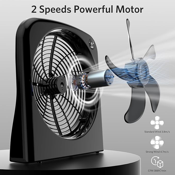 9" Desk Fan, Battery & USB-C Powered, 2 Cooling Speeds Table Fan With 90° Adjustable Tilt, 388ft³/Min Powerful Airflow, Portable Desktop Fan for Home, Office, Kitchen, Travel, Black