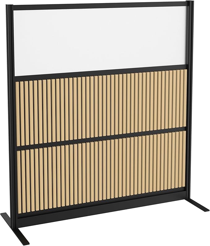 Room Divider for Office Privacy – Modular Freestanding Acoustic Office Partition with PET Sound Dampening Panels and Faux-Wood Slats, 70” x 70”, Grove Sound Dampening Wall, Black Frame, Easy Assembly