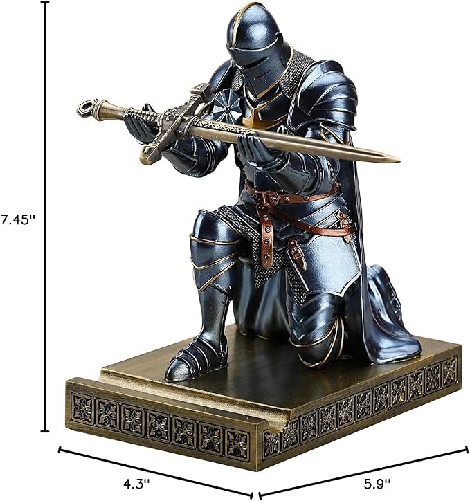 Medieval Armored Warrior Wearing Outerwear, Mobile Phone Stand Knight Pen Holder Desk Organizers, Resin Bookends Paperweight with a Letter Opener for Desk (Blue)