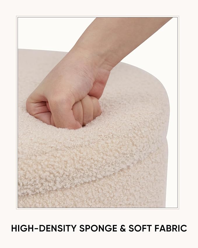 18" Tall Round Boucle Storage Ottoman, Sherpa Teddy Fabric Ottoman Footstool with Wooden Tray Reversible Lid, Folding Footrest with Storage for Living Room, Bedroom, Dorm, Beige
