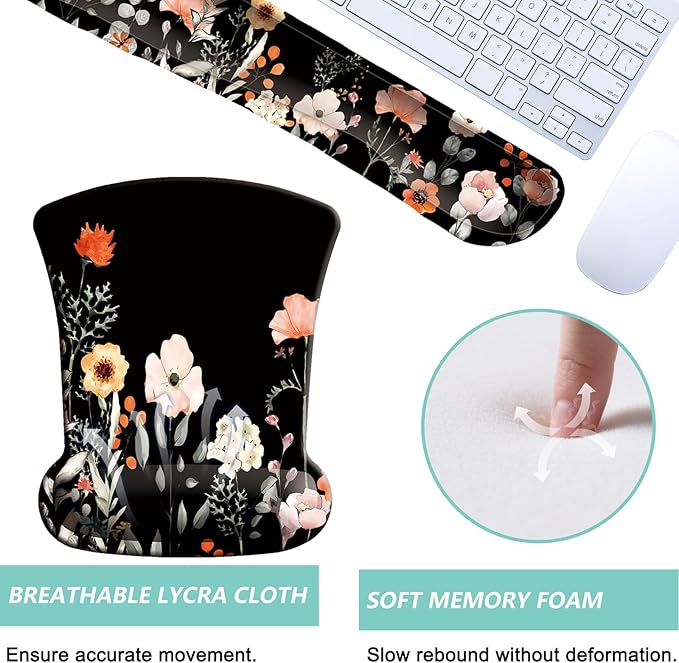 Keyboard Wrist Rest Pad Mouse Pad with Wrist Support Set of 3, Gaming Mousepad with Non-Slip Rubber Base, Ergonomic Memory Foam Mouse Cushion Support for Home Office Laptop Computer, Flower Black