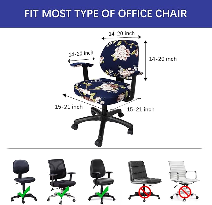 WOMACO Office Computer Chair Cover with Armrest Covers, Stretch Universal Rotating Rolling Desk Chair Slipcover, 4 PCS Stretchable Office Chair Seat Protector (Peony, with Armrest Covers)