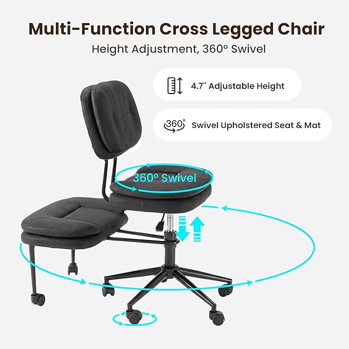 COSIEST Cross Legged Office Chair with Wheels, Ergonomic Kneeling Chair for Adults, Criss Cross Chair with Wide Seat, Comfortable Home Office Desk Chair, 360° Swivel Adjustable Height, Black