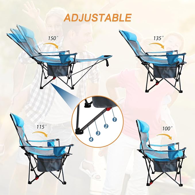 Reclining Camping Chair with Removable Footrest Lounge Chair with Headrest, Cotton Cushion, Portable Adjustable Folding Chairs