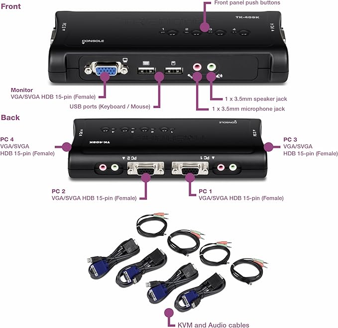 TRENDnet 4-Port USB KVM Switch Kit with Audio, TK-409K, Control Up to 4 Computers, Windows, Linux, Mac OS Compliant, 2048 x 1536 VGA Resolution, NDAA & TAA Compliant, KVM Cables Included, Black