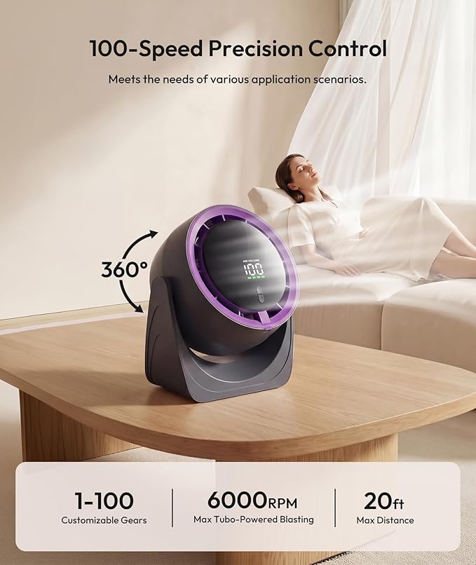 SPONVATT Rechargeable USB Desk Fan for Bedroom, Quiet Table Fan With Turbo Airflow, 100 Speeds,LED Digital Display, 360° Rotating, Small Personal Cooling Fans for Bedroom Home Office Dorm(Purple Gray)