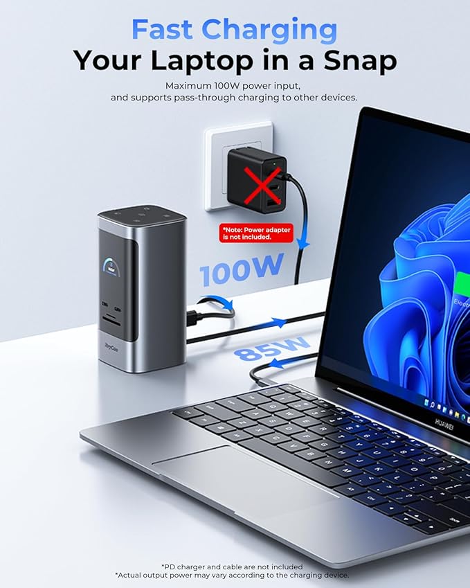 RayCue 15 in 1 Laptop Docking Station 3 Monitors, Triple 8K Display with 3 HDMI, 6 USB Ports, 5 Shortcut Button, Gigabit Ethernet, PD3.0, Smart Display for Windows/Dell/Lenovo/HP...(No Power Adapter)