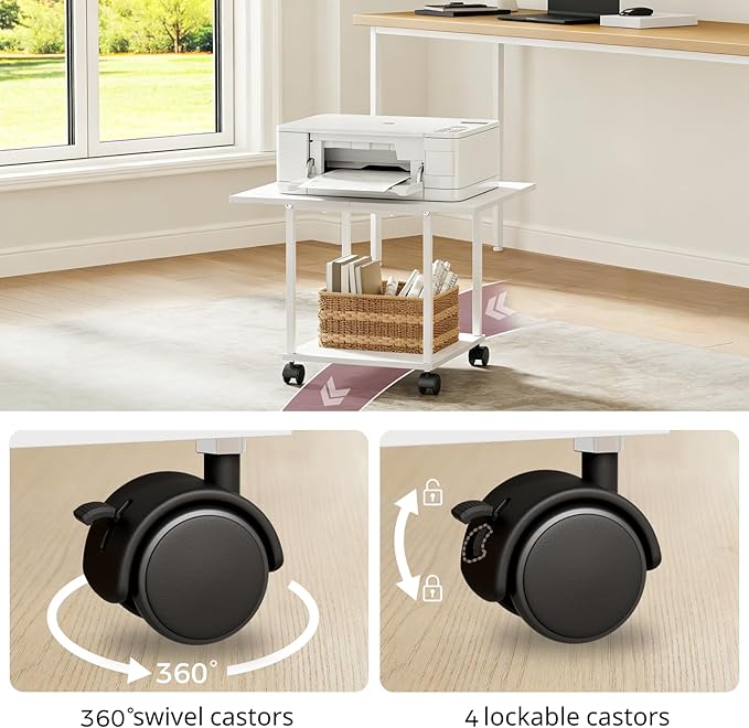 BEWISHOME 2-Tier Industrial Mobile Printer Stand, Rolling Cart with Storage Shelf, Lockable Wheels, for Home, Office (White) BDZ01W