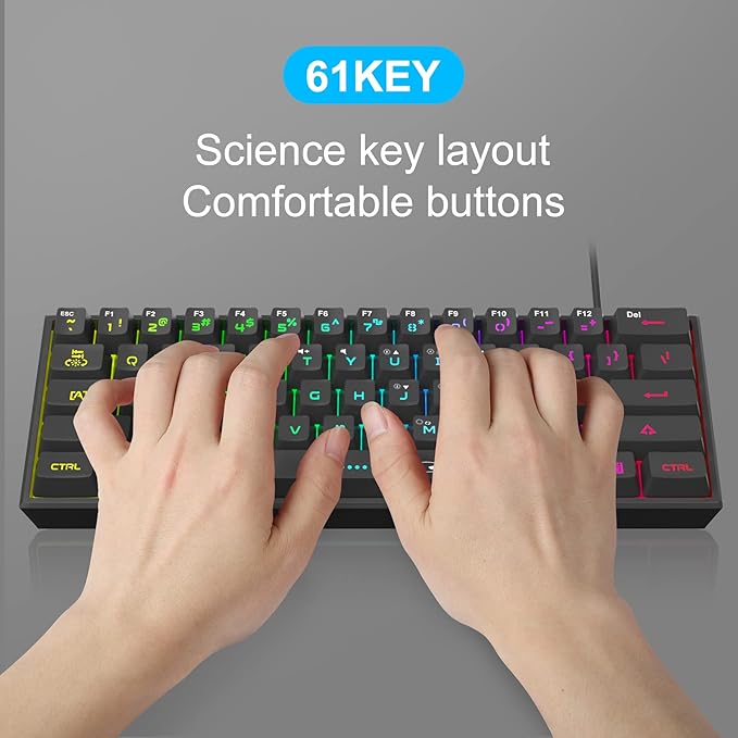 MageGee Mini 60% Gaming Keyboard, RGB Backlit 61 Key Ultra-Compact Keyboard, TS91 Ergonomic Waterproof Mechanical Feeling Office Computer Keyboards for PC, MAC, PS4, Xbox ONE Gamer(Black)
