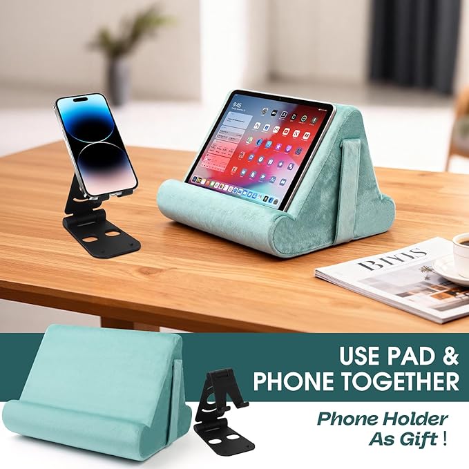 Multi-Angle Tablet Stand with Soft Pad Cushion and Net Pocket - Universal Phone and Pad Holder for Lap, Knee, Sofa and Bed (Light Blue)