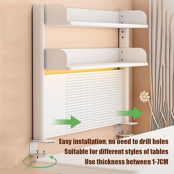 3 Tier Clip On Desk Organizer Shelf Clamp on Storage Shelf for Table Accessories Above or Under D Shelf for Increased Storage Space