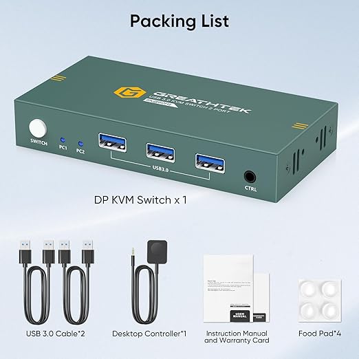 KVM Switch 1 Monitors 2 Computers Displayport 8K@60Hz, USB3.0 KVM Switch Displayport with 3 USB 3.0 Ports EDID Adaptive Sharing Mouse Keyboard and Monitor Plug and Play