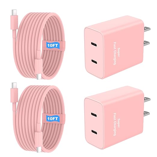 iPhone 17 16 15 Charger Fast Charging, 45W Dual USB C Phone Charger Block with 10FT Long Type C Cable Cord for Apple iPhone 17/Pro/Pro Max/17 Air/16 Pro/16 Pro Max/15 Plus/15 Pro/iPad/S26 Ultra(Pink)