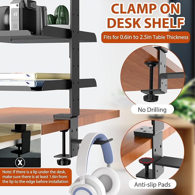 3 Tier Clamp On Desk Shelf with Adjustable Metal Storage Tray & Headphone Stand Above or Under Desk Storage Heavy Duty Shelving Unit No Drilling Desktop Shelves Fits Desks up to 2.5in Thick
