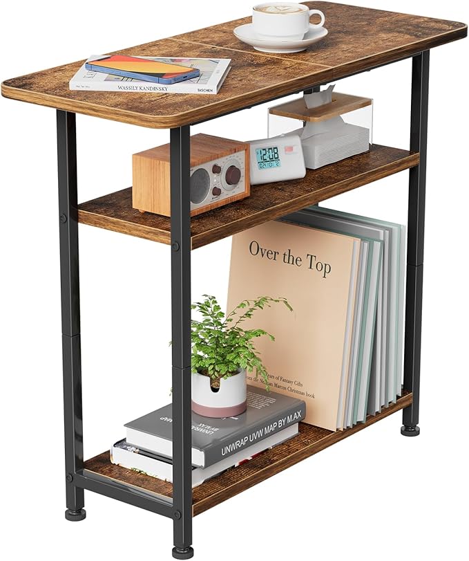 Simple Trending Narrow Side Table, 3-Tier End Table with Wide Storage Tabletop, Nightstand for Bedroom Living Room, Rustic Brown
