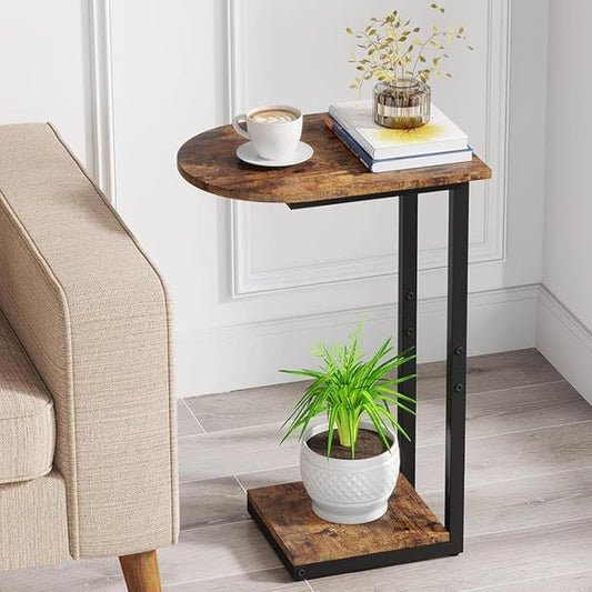 Hosfais Side Table Small End Table, C-Shaped Wood Sofa Table with Metal Frame for Living Room, Bedroom, Small Spaces (Rustic Brown)