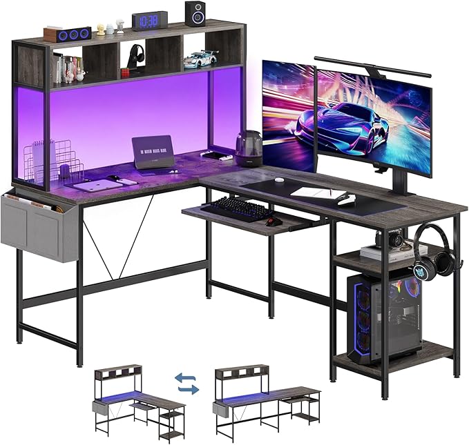 DUMOS L Shaped Gaming Desk 67", Reversible Computer Desk with LED Lights, Corner Desk for Small Spaces with Keyboard Tray & Storage Shelf, Metal Frame PC Gaming Table for Home Office Bedroom, Gray