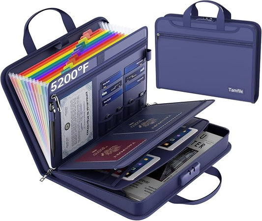 5200℉ Fireproof Accordion File Organizer with Lock, Thickened Document Organizer 13 Colorful Pocket with Labels, Important Document Organizer, Expanding File Folder with Handle for Letter A4 (Blue)