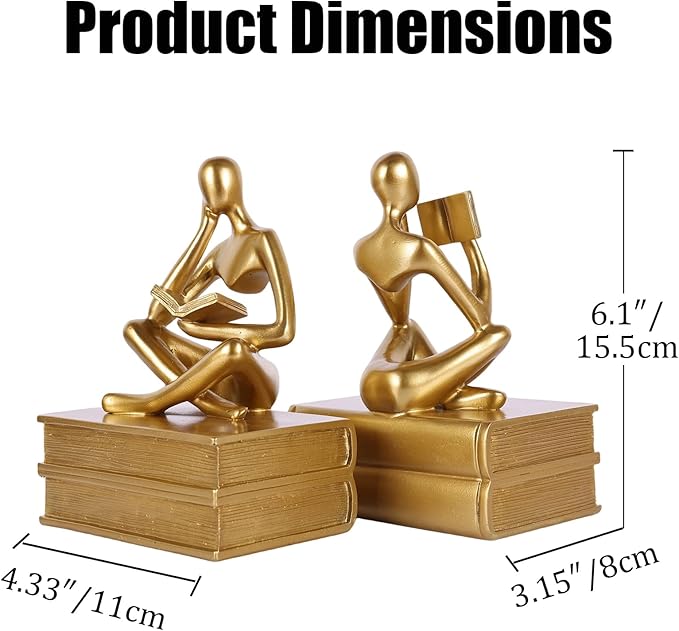 Heavy Duty Book Ends for Shelves, Thinker Bookends Set of 2 Decorative Book Ends for Heavy Books, Modern Unique Shelf Decor for Home Office Living Room Desk