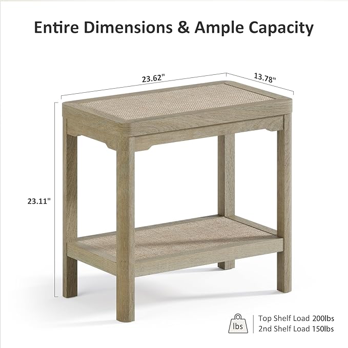 Eclatara Rattan Nightstands - Farmhouse 2 Tier End Table for Bedroom - Accent Side Table wtih Open Storage Shelves for Small Space Narrow Coffee Table, Light Oak