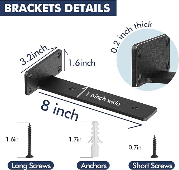 Starunder 6 Pack Floating Shelf Brackets, 8 inch Heavy Duty Industrial Shelf Bracket, Black Metal L Brackets for Shelves Support DIY(1/5 Inch Thicked)