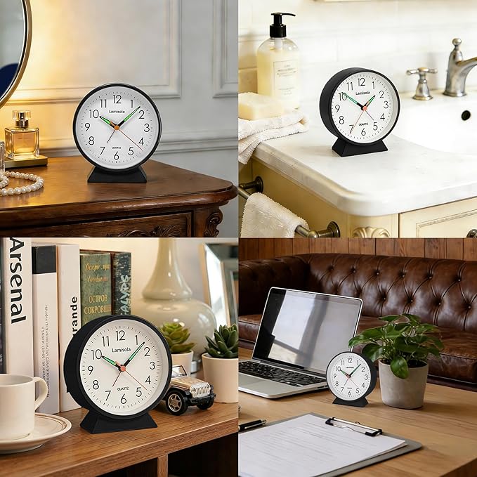 4.5 Inch Small Silent Analog Alarm Clock, Retro Battery Operated Desk Clock with Night Light Stays On 4 Seconds Vintage Metal Table Clock for Bedside, Nightstand, Bedroom, Office, Bathroom - Black