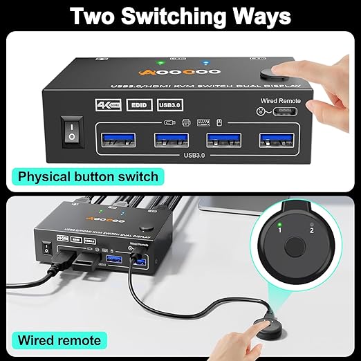 Dual Monitor HDMI KVM Switch 2PC 4K@60Hz Simulation EDID,HDMI USB 3.0 Switch Extended Display 2 Monitors 2 Computers with USB 3.0 Cables and Wired Controller