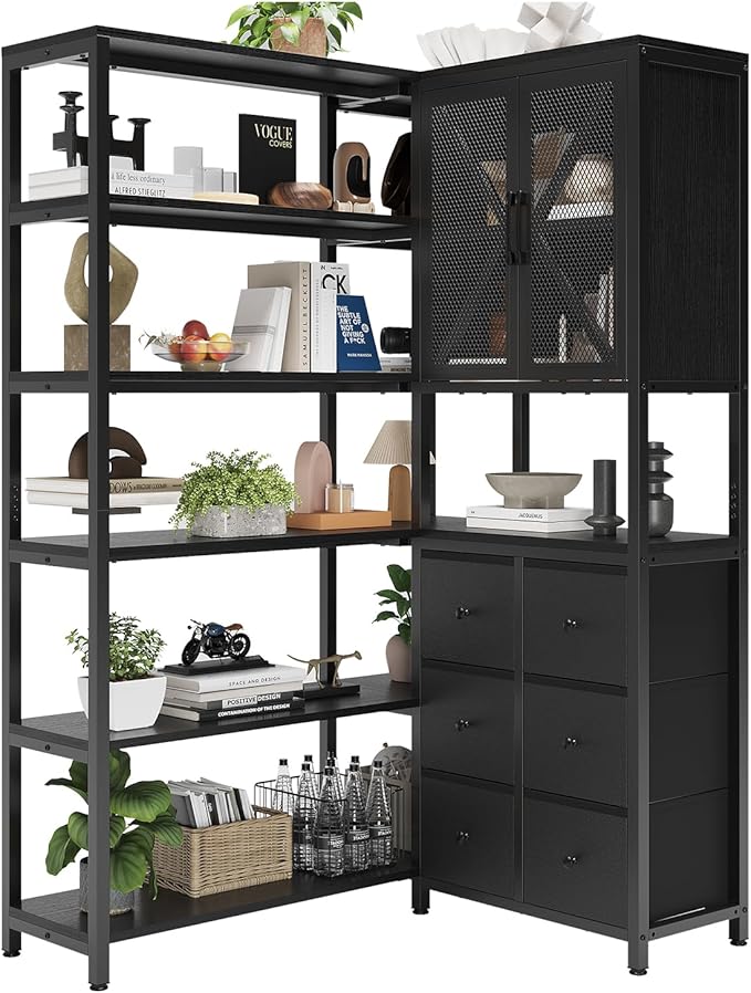 HAUOMS Corner Bookshelf, 6 Tier Industrial Convertible Bookshelf with 6 Fabric Drawers, Corner Bookcase Large L Shaped Storage Display Shelf for Home Office, Living Room, Kitchen, Black