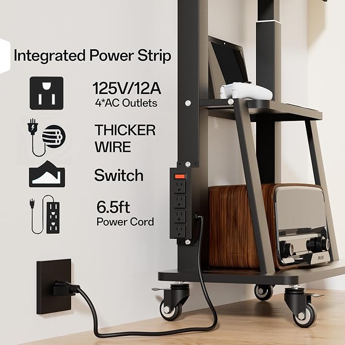 Mobile TV Cart with Power Outlet Rolling TV Stand for 42 to 100 inch Television Heavy Duty Portable TV Stand on Wheels, Height Adjustment, Holds Up to 180 LBS, Vesa 200×200-900×600mm