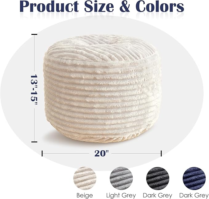 Round Pouf Ottoman,Corduroy Poufs with Memory Foam Filling for Foot Rest,Soft Footstool for Living Room,Office,20"x 15",Beige