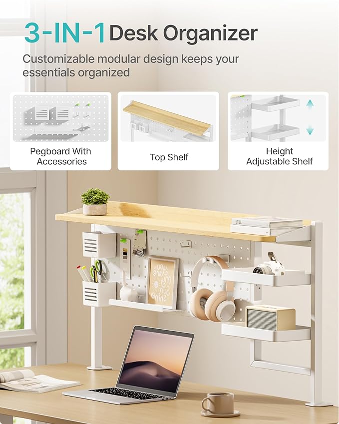 PEGZONE Clamp on Desk Shelf, 44" Desktop Shelving System with Pegboard and Accessories, Desktop Organizer with 2-Tier Shelf, Desk Pegboard for Gaming Office, White