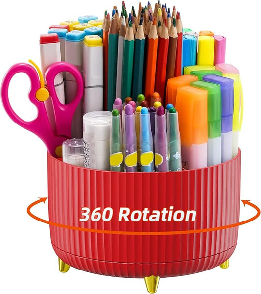 Marbrasse Desk Organizer, 360-Degree Rotating Pen Holder for Desk, Desk Organizers and Accessories with 5 Compartments Pencil Organizer, Art Supply Storage Box Caddy for Office, Home (Red)