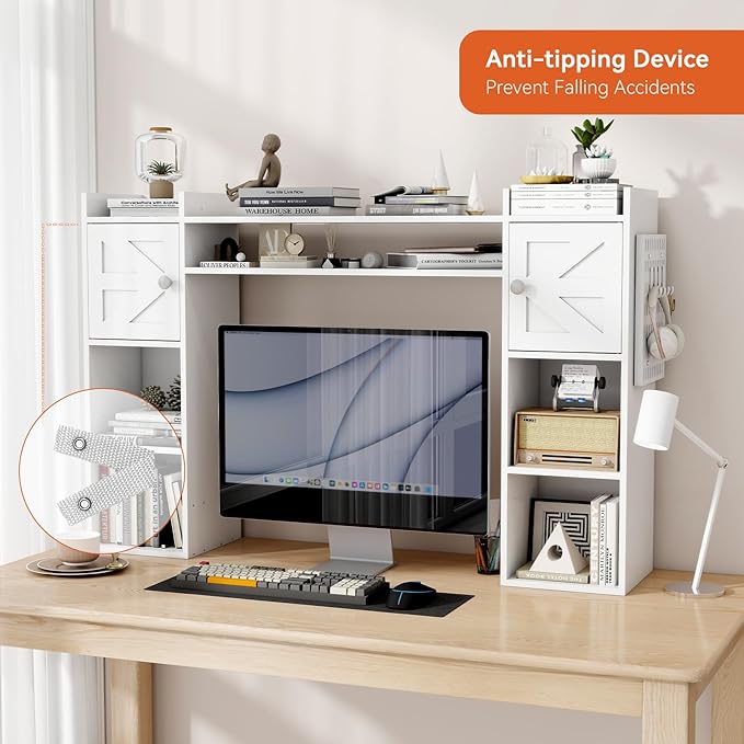 ELECWISH Desktop Bookshelf, Desk Hutch with Drawer for Computer Desk, 45.3" 8-Tier Adjustable Desktop Shelf Organizer with Pegboard for Home Office, Oak