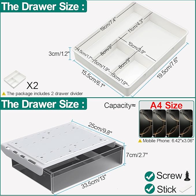 SVNNELP Large Under Desk Table Drawer Storage Organizer, Slide Out Drawer with 2 Desk Divider,Pencil Storage Self-Adhesive Tray Under Table (L/Clear Black+White)