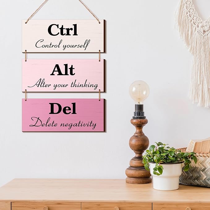 Qunclay 3 Pcs Office Wall Decor Pink Wood Rustic Hanging Cubicle Decor Summer Inspirational Ctrl Alt Del Sign Decoration for Bathroom Indoor Home Living Room