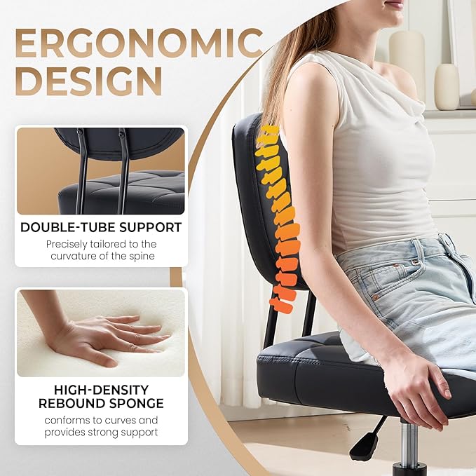 Criss Cross Chair Armless Office Chair for Cross Legged Sitting, 300lb Heavy Duty Ergonomic Desk Chair for ADHD, Adjustable Meditation Yoga Kneeling Chair with Brake Wheels for Home Office (Black)