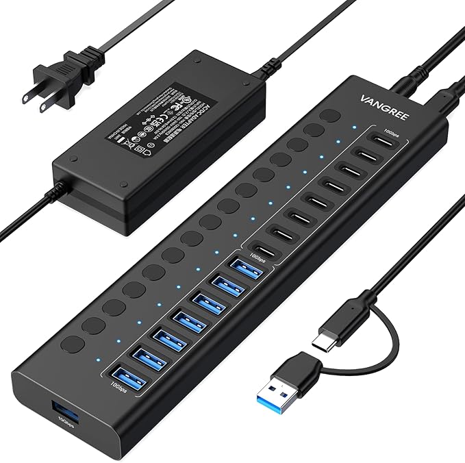 Powered USB Hub 3.2 Gen 2, VANGREE 16 Ports USB Hub (8 USB-A 3.2+8 USB-C 3.2), 10Gbps Aluminum Multiport Expansion Hub with 96W Power Adapter for PC Laptop HDD SSD Flash Drive