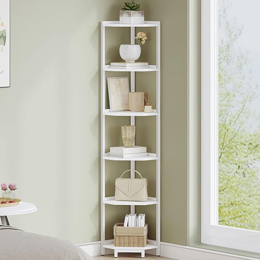 Hzuaneri Corner Shelf Stand, Corner Bookshelf, Storage Standing Shelf Unit with Metal Frame, Plant Stand, Bookcase for Living Room, Home Office, Bedroom, 6-Tier White CS06013W