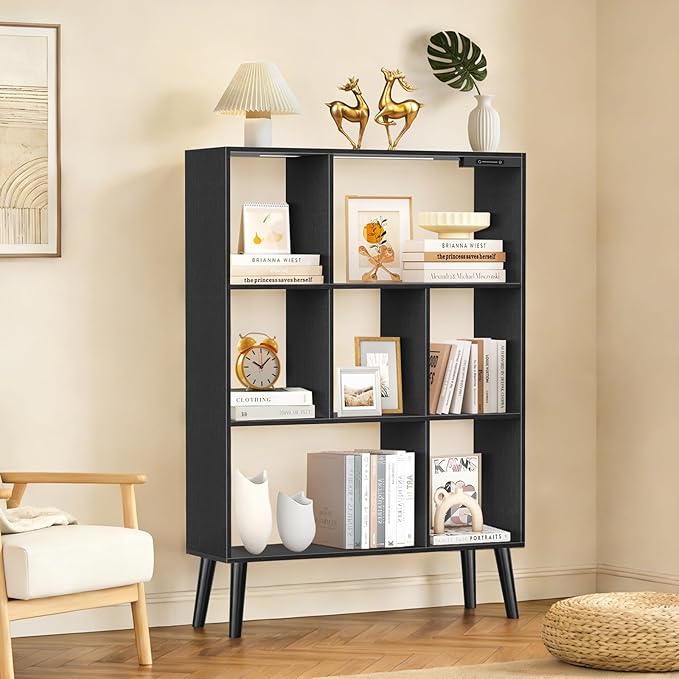 7-Cube Bookshelf with LED Lights, Touch & Remote Control, Freestanding Open Bookcase Storage Shelf, Dimmable Modern Wooden Display Organizer with Legs for Living Room, Bedroom, Office(Black)