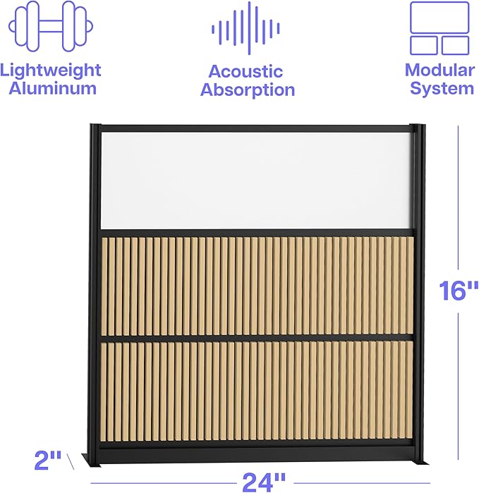 Room Divider for Office Privacy – Modular Freestanding Acoustic Office Partition with PET Sound Dampening Panels and Faux-Wood Slats, 70” x 70”, Grove Sound Dampening Wall, Black Frame, Easy Assembly