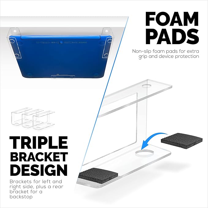 BRAINWAVZ Transparent Under Desk Laptop Holder Mount with Adhesive & Screw in, Devices Upto 1.8" Thick for Laptops, Macbooks, Surface, Cable Box, Routers, Keyboard, Modems, Network Switch & More