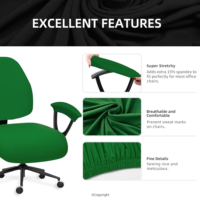 Stretchable Desk Office Chair Seat Covers with Armrest Covers - Universal Stretch Computer Chair Slipcover - Washable Rotating Backrest Coverings & Cushion Protectors for Dogs, Cats, Pets, Green