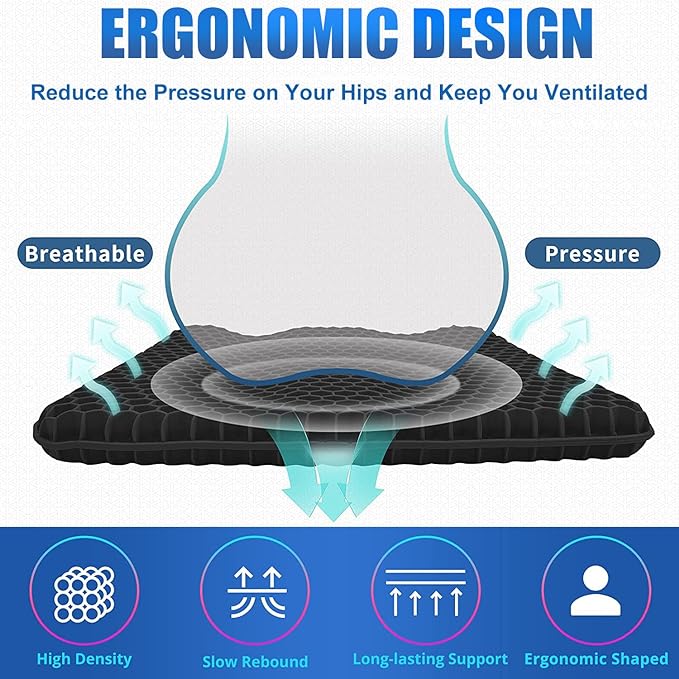 20" Gel Seat Cushion for Long Sitting Pressure Relief(Jumbo&Thick) - Wheelchair Cushion for Pressure Sores - Back, Sciatica & Tailbone Pain Relief Cushion- Non-Slip Butt Pillow for Office, Home, Car