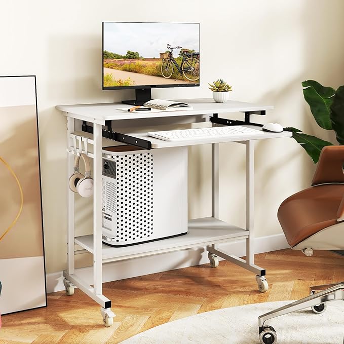 Giantex Rolling Computer Desk, Mobile Portable Desk with Keyboard Tray & Wheels, Laptop PC Table Cart with Shelf & Hooks, Industrial Small Desk for Small Spaces, Home Office, Bedroom, White