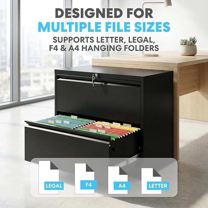 SIMPLI-Magic 2-Drawer File Cabinet with Lock - Metal Filing Cabinet for Home Office, Letter/Legal/F4/A4 Hanging Files, Compact Space-Saving Design, Black