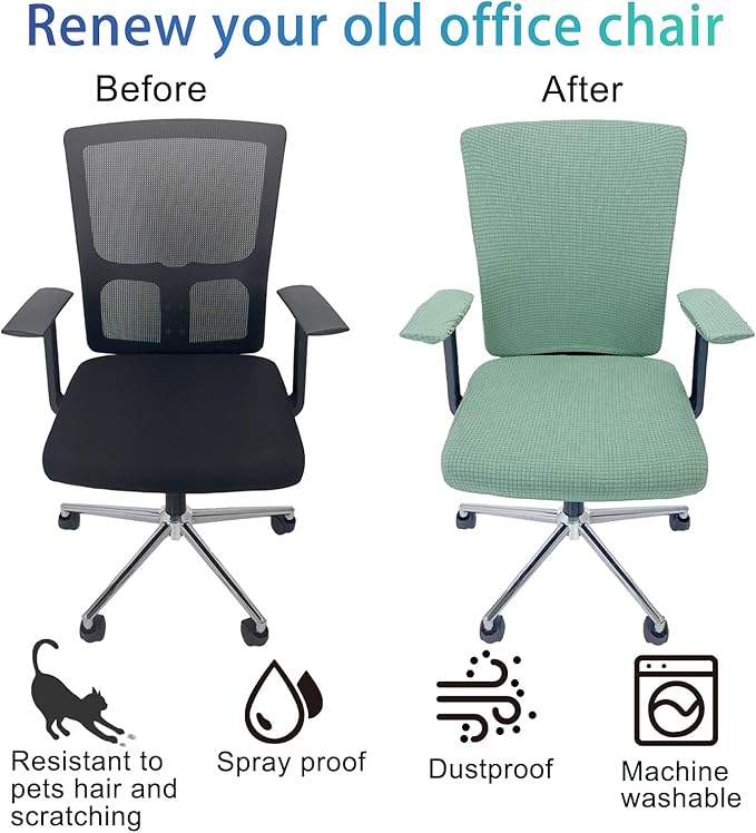 4Pcs Office Chair Covers Stretchable Set Desk Chair Cover Computer Chair Cover with 4 Non-Slip Elastic Straps Protective Armrest Slipcovers Pads Backrest Cushion for Rotating Chair (Green)