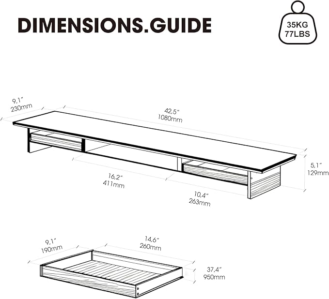 Fenge 42.5” Dual Monitor Stand with 2 Drawers, Metal Wood Monitor Riser with Acrylic Legs, 2-Tier Desktop Shelf Storage Organizer for Computer, Laptop, Printer, TV, White
